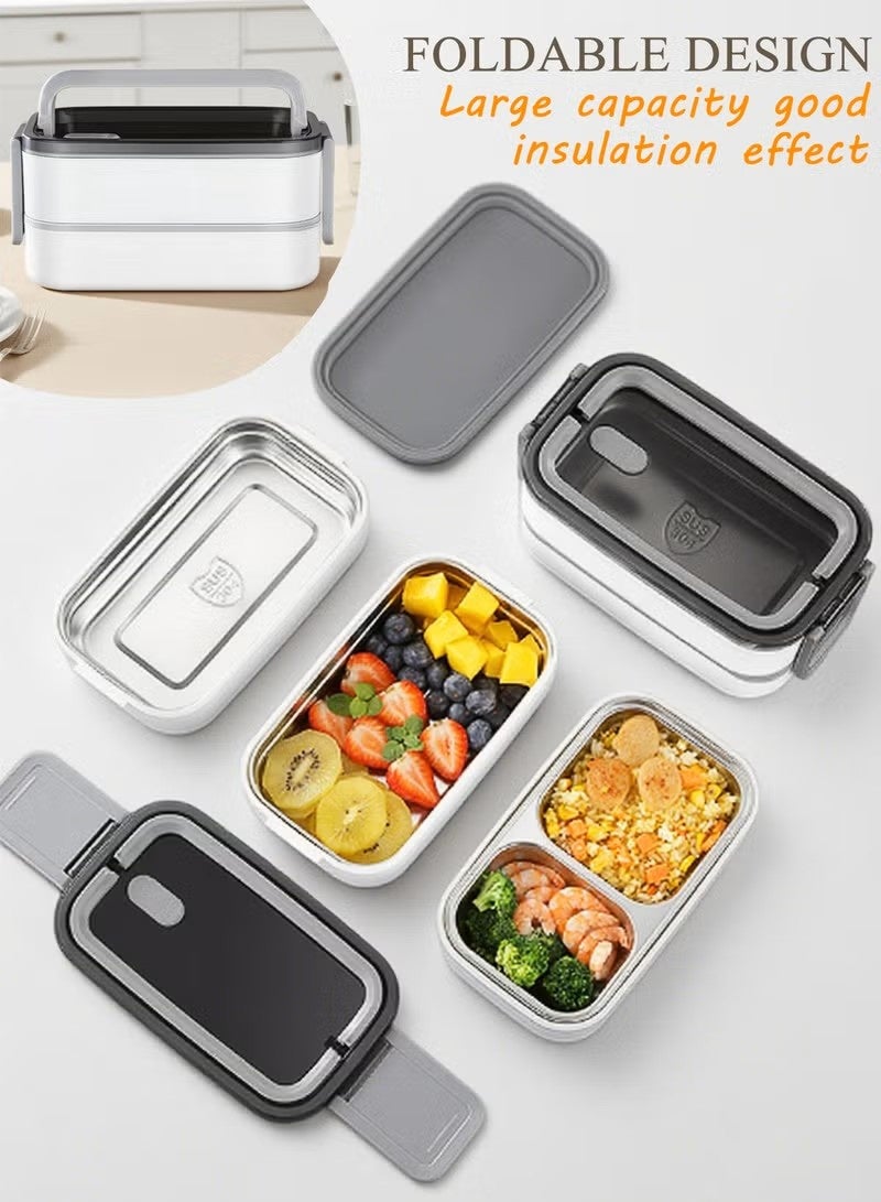 MASINGAA Stainless Steel Lunch Box with Thermal Bag and Cutlery, Double-Layer, Microwave-Safe, Made of 304 Leakproof Stainless Steel, Detachable with Thermal Insulation, Ideal for Adults, Students, Office, or School (1400ml) - Image 2